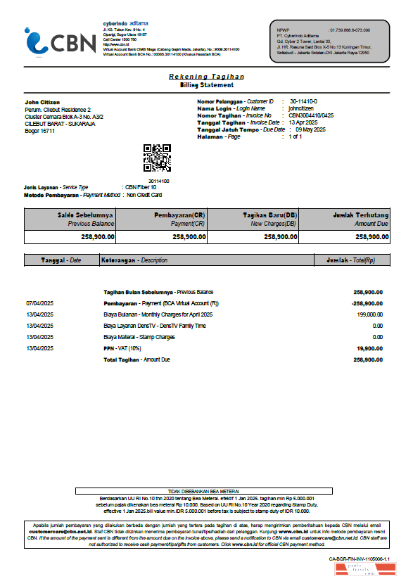Indonesia Cyberindo Aditama utility bill template in Word and PDF formats